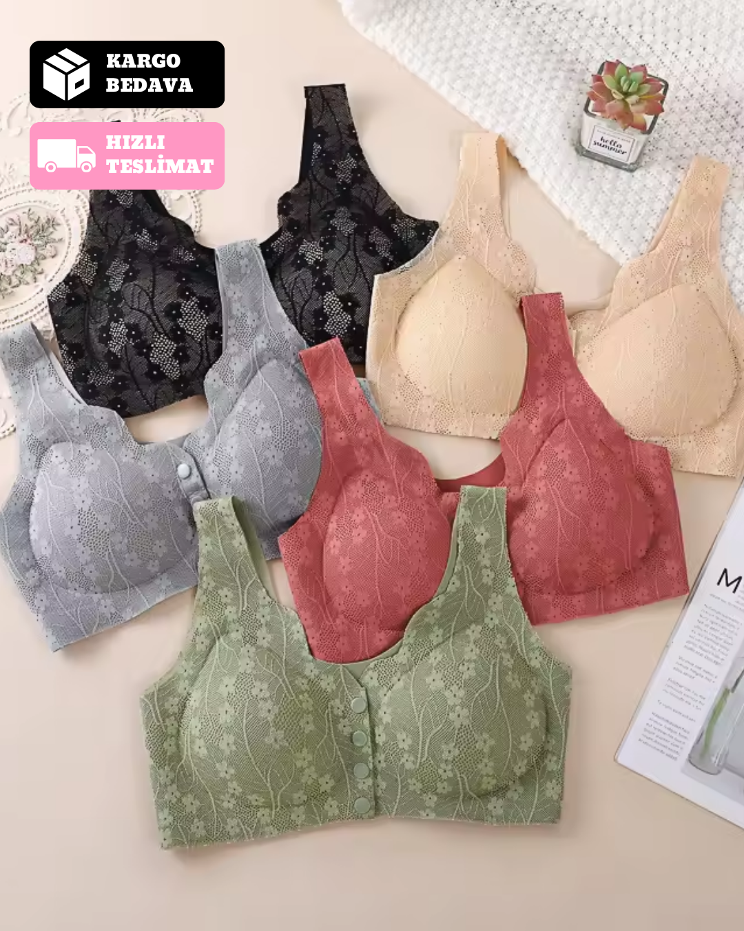 Velmessa™ Düğmeli Rahat ve Destekleyici Dantel Sütyen